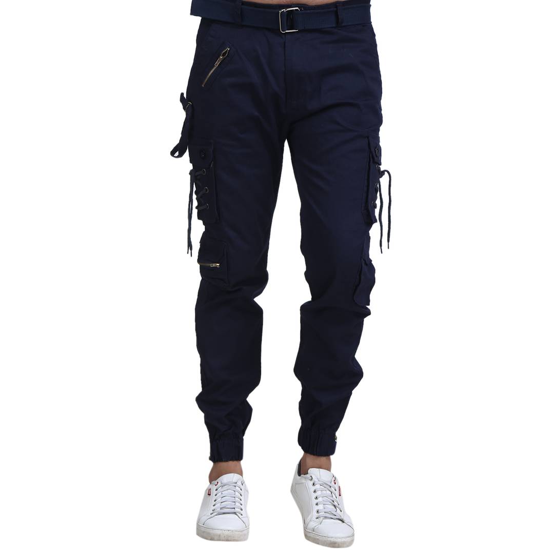 Men's Navy Blue Cotton Blend Solid Regular Fit Cargo